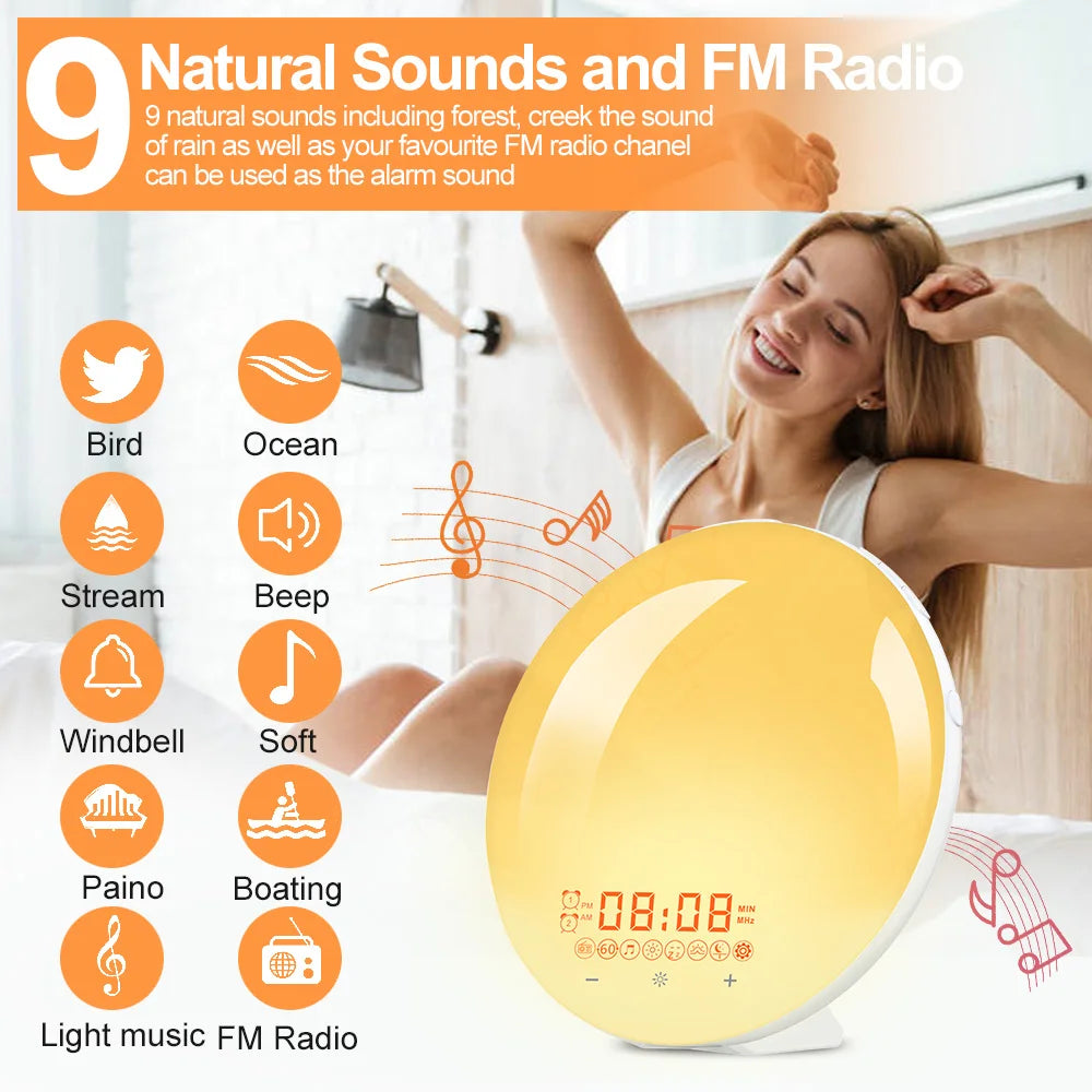 Réveil Lumineux Simulateur Aube, Aide Sommeil, Radio FM.