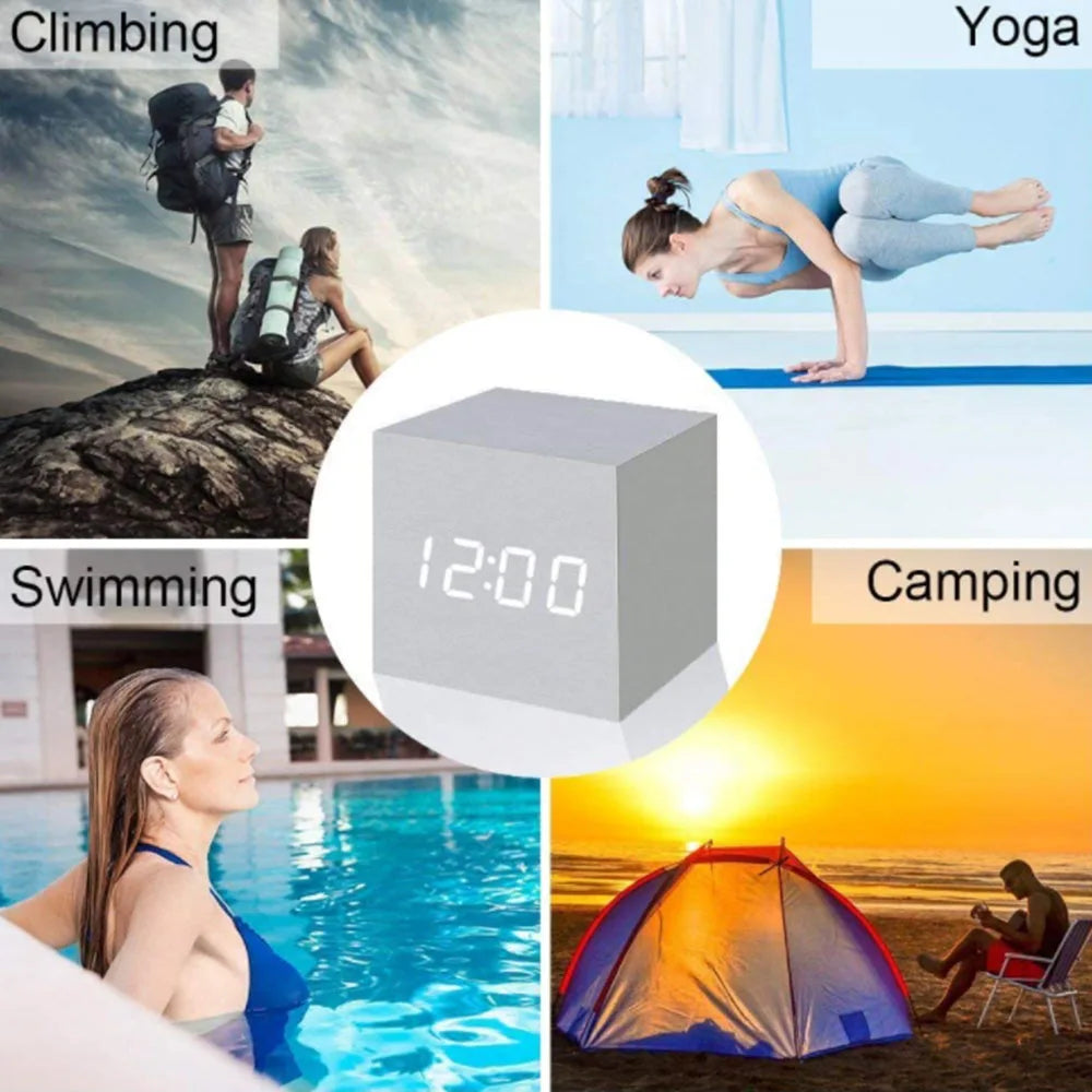 Réveil Digital Bois LED Température Commande Vocale