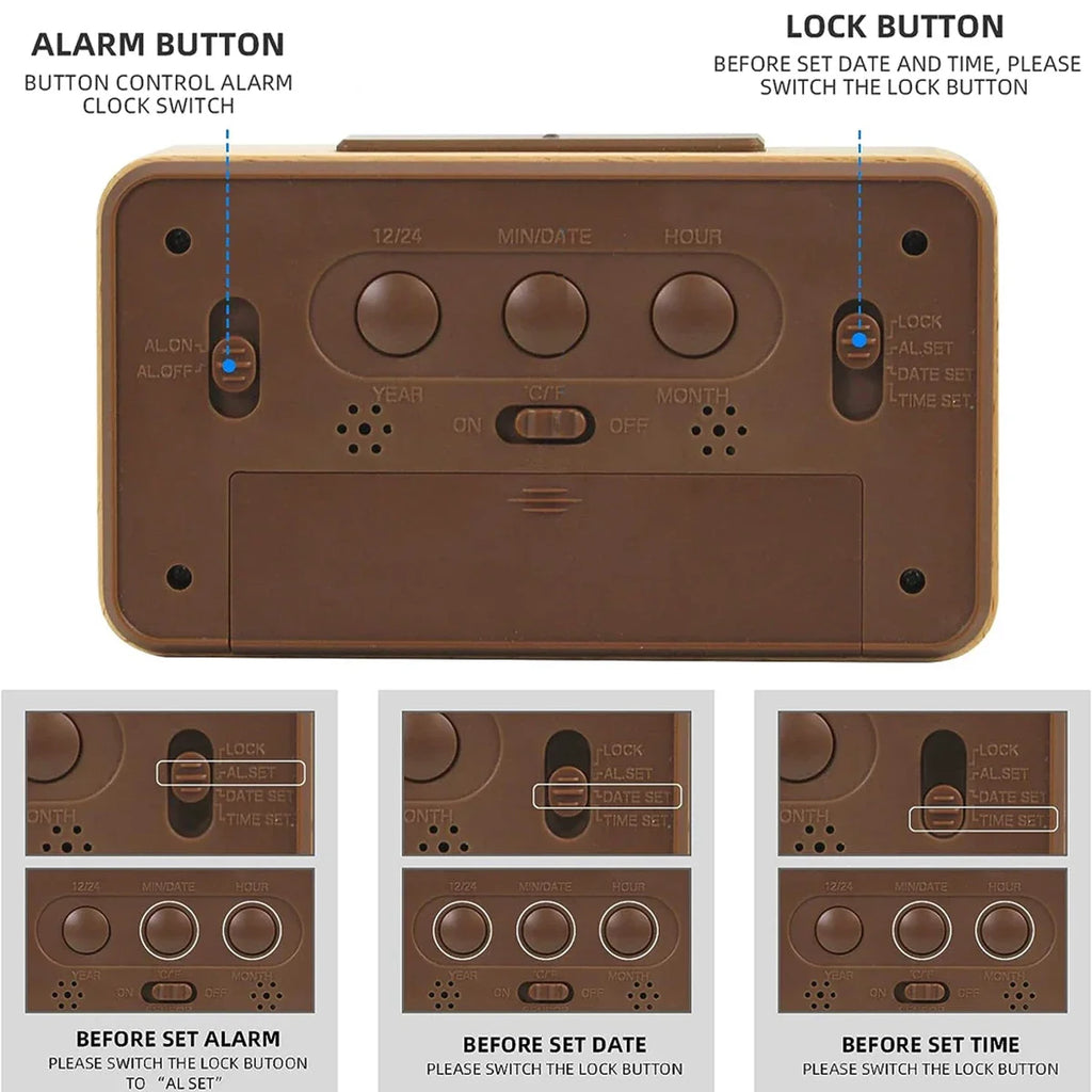 Réveil bois massif numérique LED calendrier température.