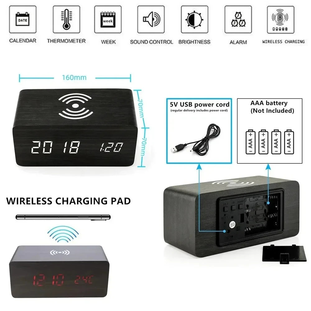 Réveil Bois Numérique LED Charge Sans Fil Date Température
