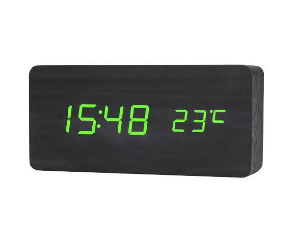 Réveil en bois LED numérique, température et calendrier