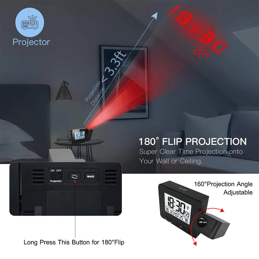 Réveil projection plafond thermomètre hygromètre USB chambre.