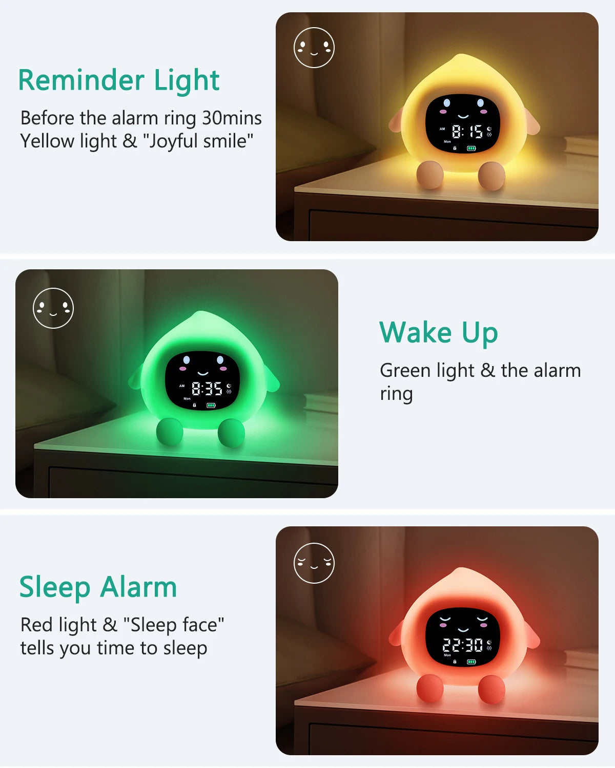 Réveil enfant éducatif sommeil, veilleuse 9 couleurs rechargeable.