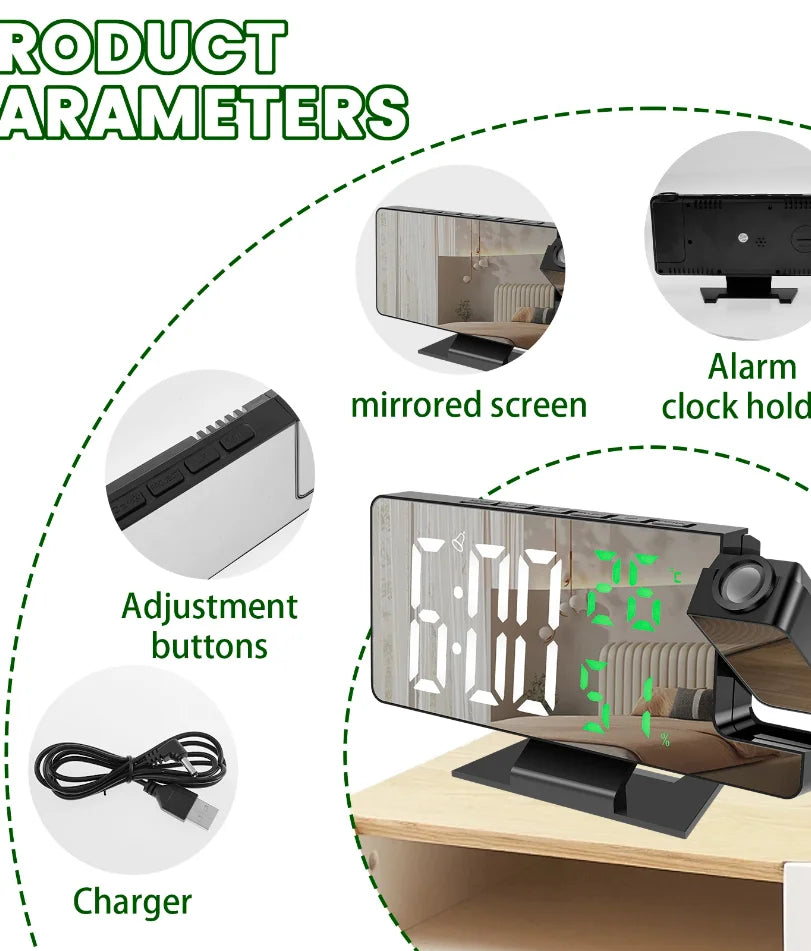 Réveil Projection LED Miroir Numérique 180° USB