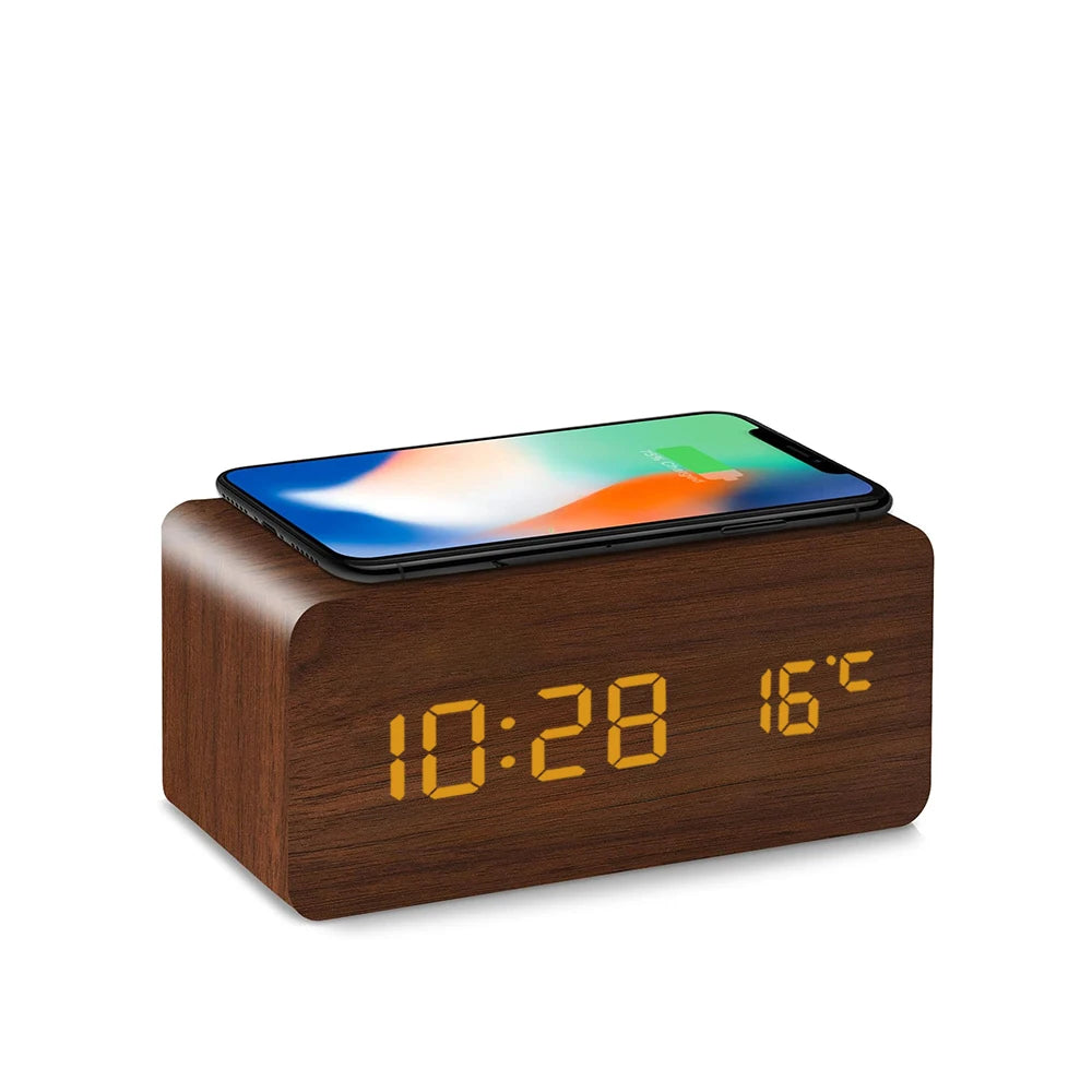 Réveil Bois Digital Sans Fil Température Humidité LED