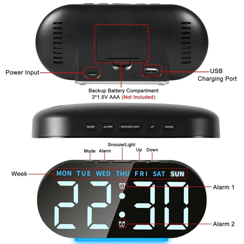 Réveil Digital LED Radio-Contrôlé Veilleuse Double Alarme