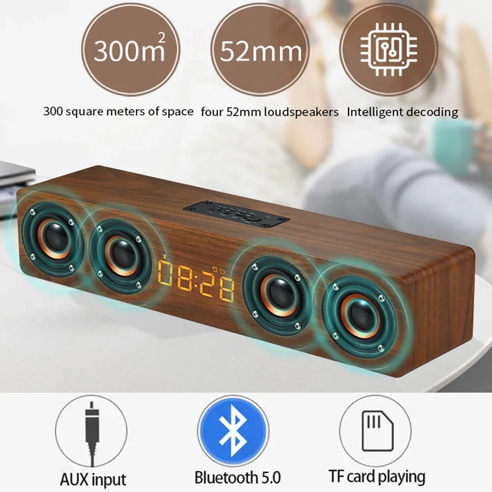 Réveil Bois Bluetooth Enceinte Radio FM Rechargeable LED