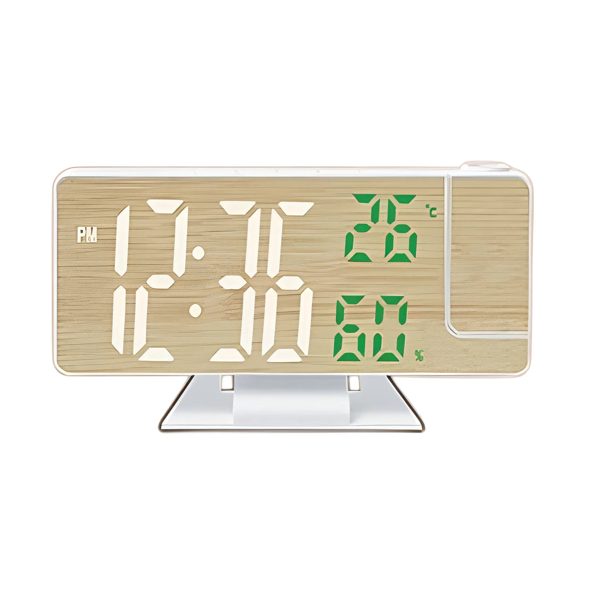 Réveil projecteur LED grand affichage design bois multifonction.