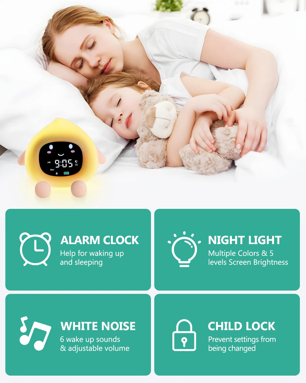 Réveil enfant éducatif sommeil, veilleuse 9 couleurs rechargeable.