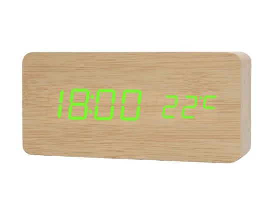 Réveil LED bois digital température date.