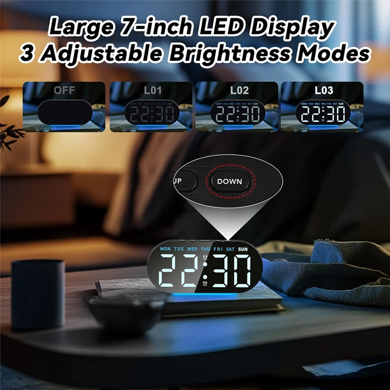 Réveil Digital LED Radio-Contrôlé Veilleuse Double Alarme