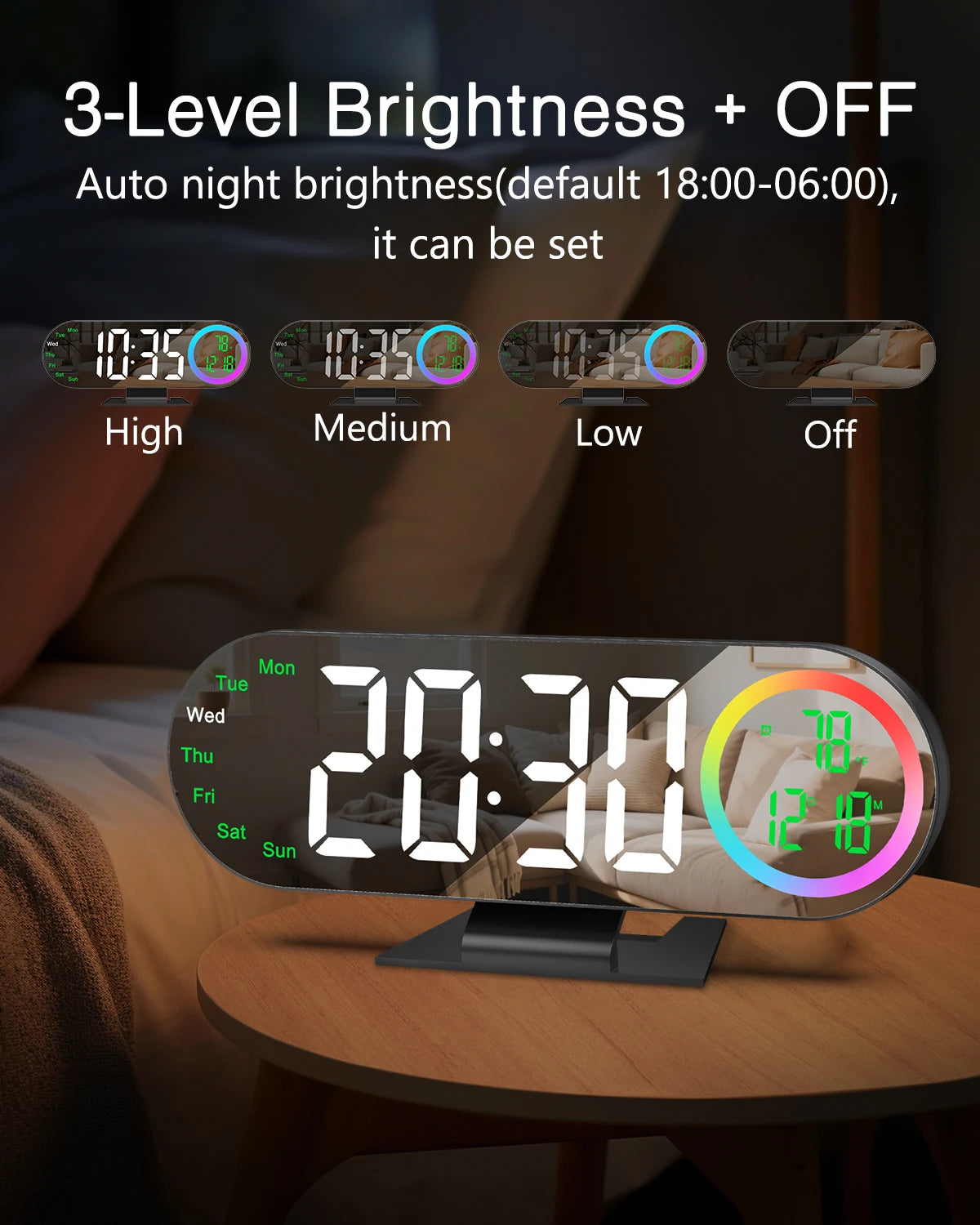 Réveil Miroir LED RGB Température Lampe Ambiance