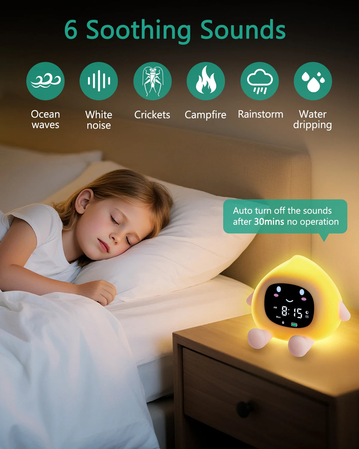 Réveil enfant éducatif sommeil, veilleuse 9 couleurs rechargeable.