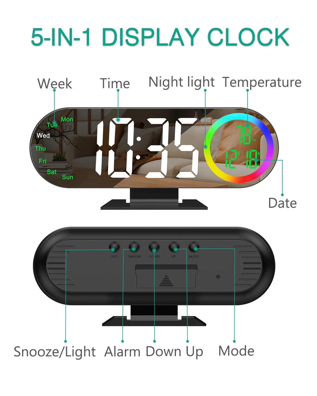 Réveil Miroir LED RGB Température Lampe Ambiance