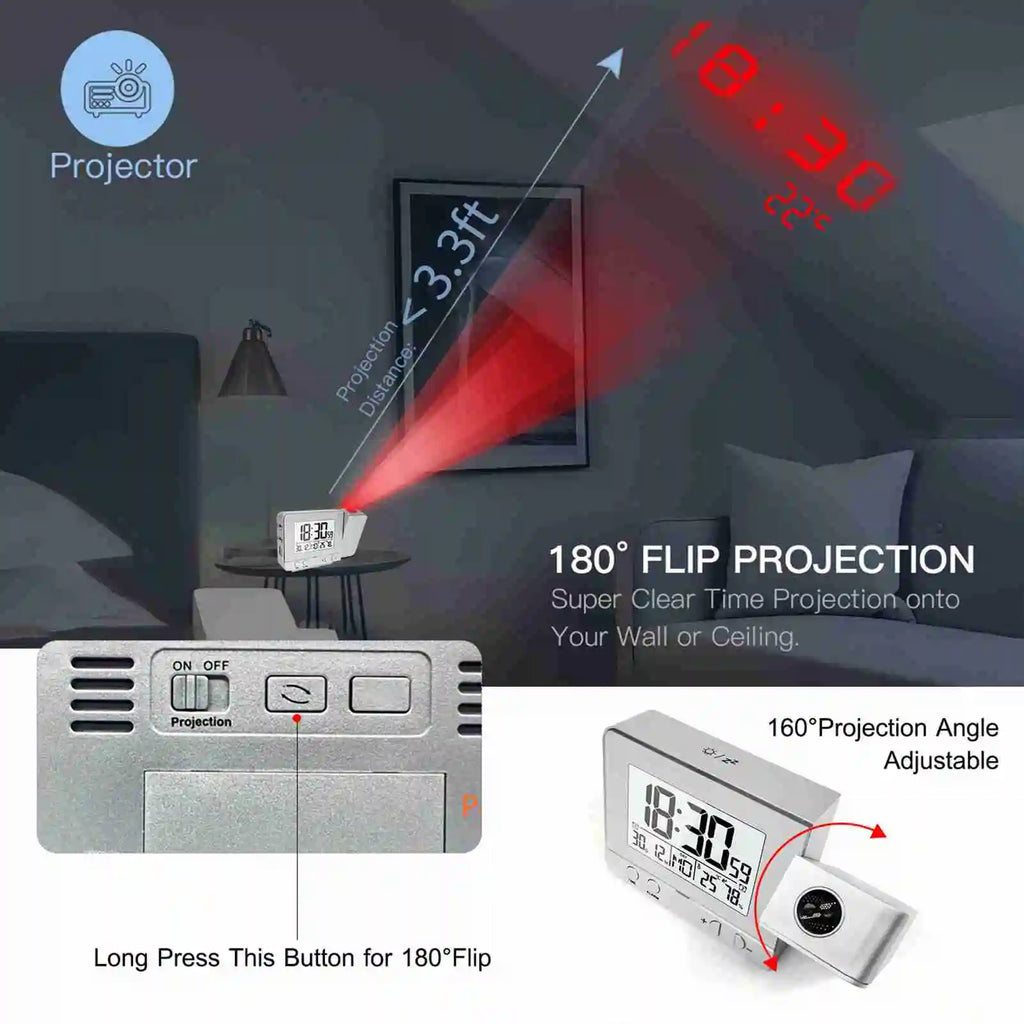 Réveil projection plafond LED USB thermomètre hygromètre.