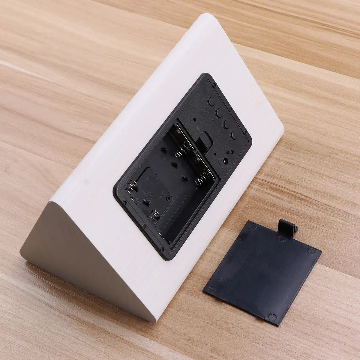 Réveil LED bois numérique, température, luminosité ajustable.