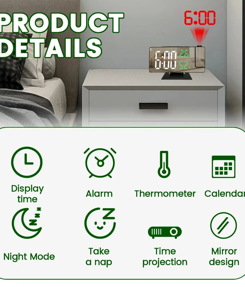 Réveil Projection LED Miroir Numérique 180° USB