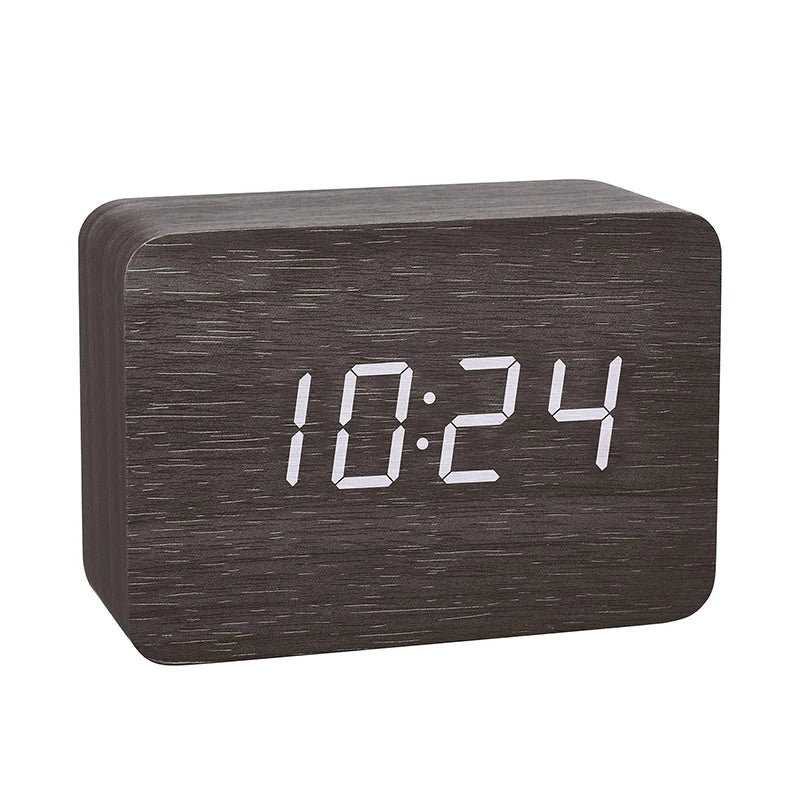 Réveil numérique bois LED température, contrôle sonore design.