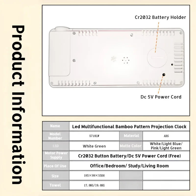 Réveil projecteur LED grand affichage design bois multifonction.