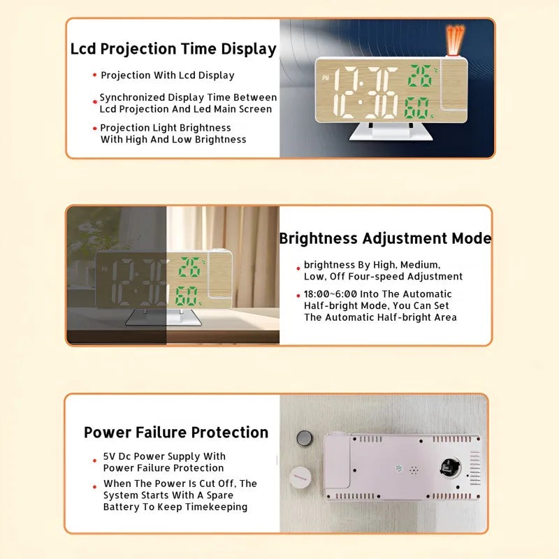 Réveil projecteur LED grand affichage design bois multifonction.