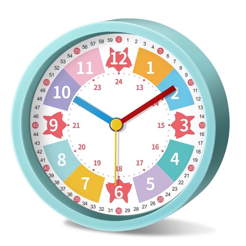 Réveil enfant analogique silencieux coloré pour apprentissage de l'heure.