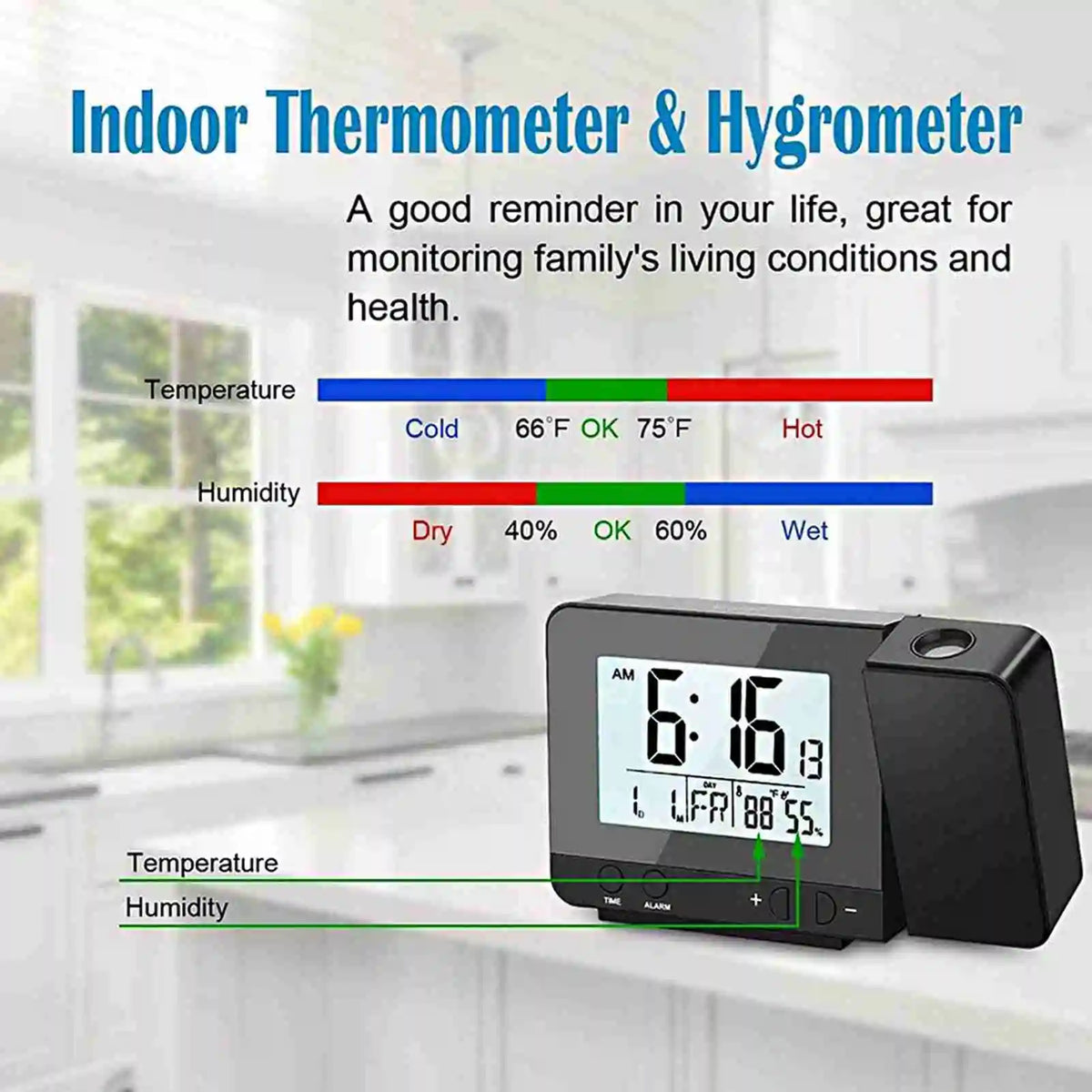 Réveil projection plafond LED USB thermomètre hygromètre.