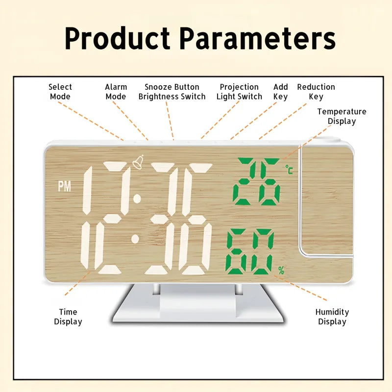 Réveil projecteur LED grand affichage design bois multifonction.