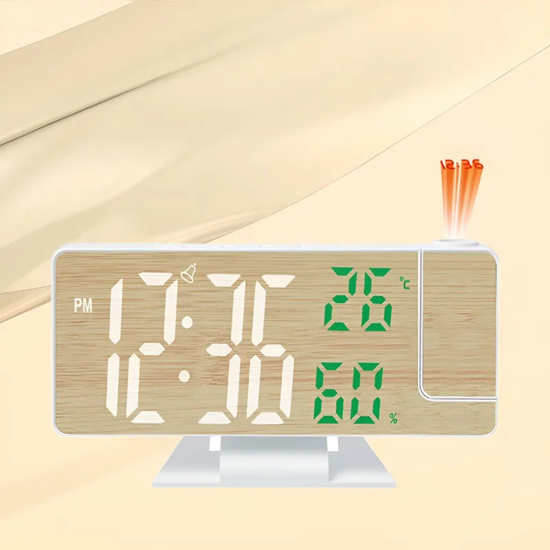 Réveil projecteur LED grand affichage design bois multifonction.