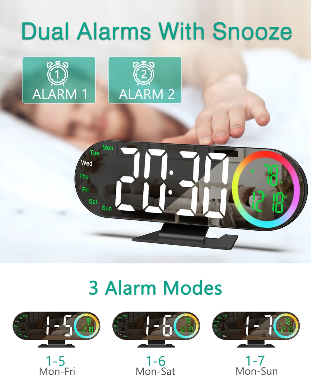 Réveil Miroir LED RGB Température Lampe Ambiance