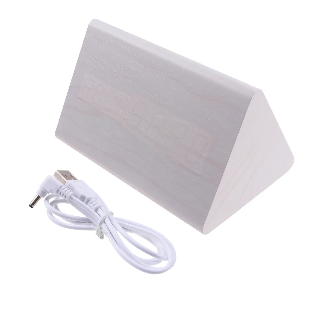 Réveil LED numérique bois, température, luminosité réglable.