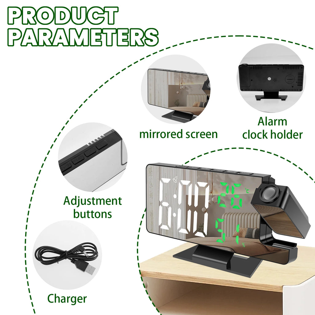 Réveil Projecteur Rotatif 180° LED Miroir Grand Écran